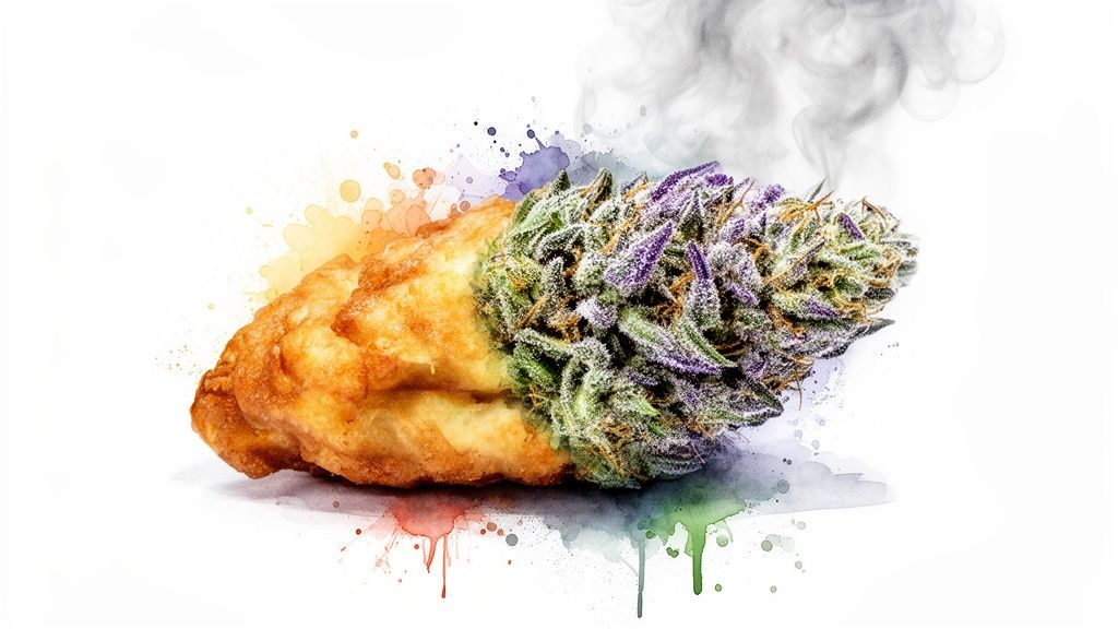 A creative hybrid image of a crispy golden apple fritter fused with a vibrant purple and green cannabis bud, surrounded by colorful watercolor splashes and smoke.