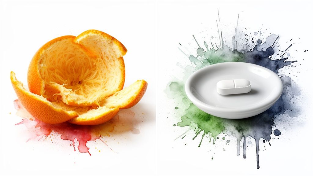 A vibrant image contrasting an orange peel with a white pill on a dish, surrounded by watercolor splashes.