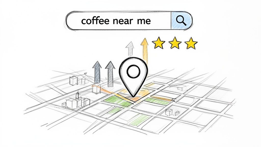 A sketch showing 'coffee near me' search, map with location pin, and three review stars, illustrating local SEO and reviews.