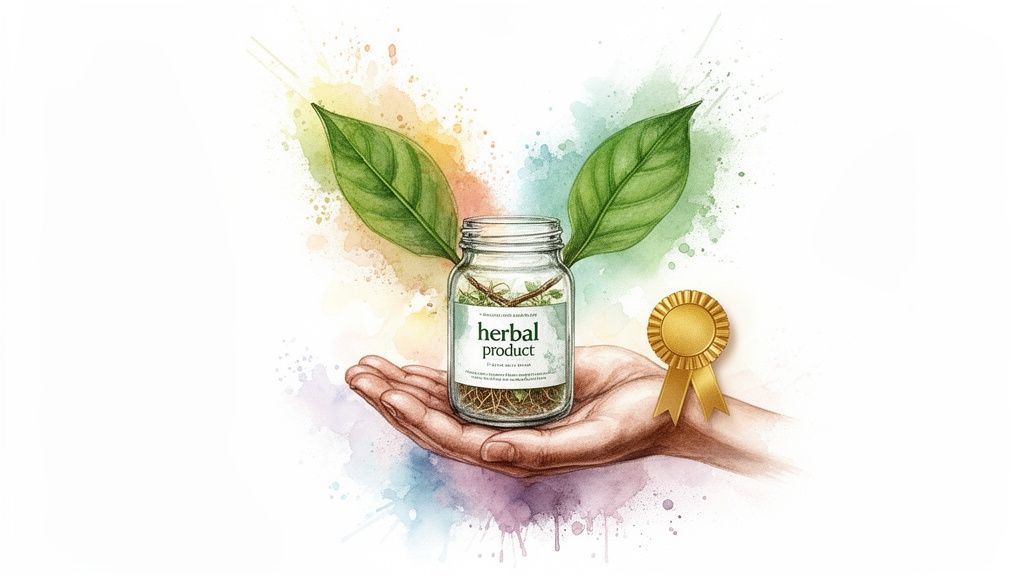 Watercolor illustration of a hand presenting a jar of herbal product, flanked by leaves and a gold award.