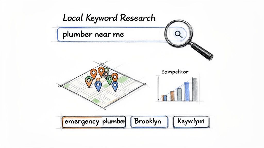 Local SEO keyword research illustration with search query 'plumber near me', map locations, competitor analysis, and related keywords.