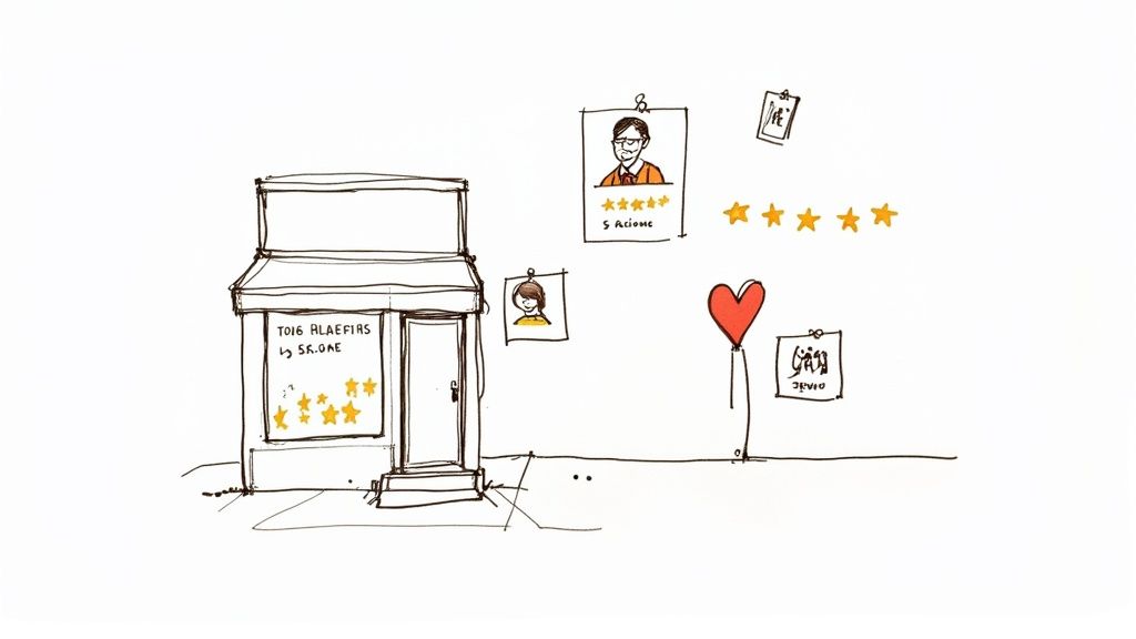 Hand-drawn illustration of a local business with customer reviews, ratings, and positive feedback.