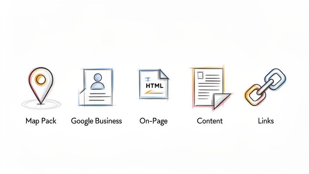 Icons representing key SEO elements including map pack, Google Business, on-page, content, and links.