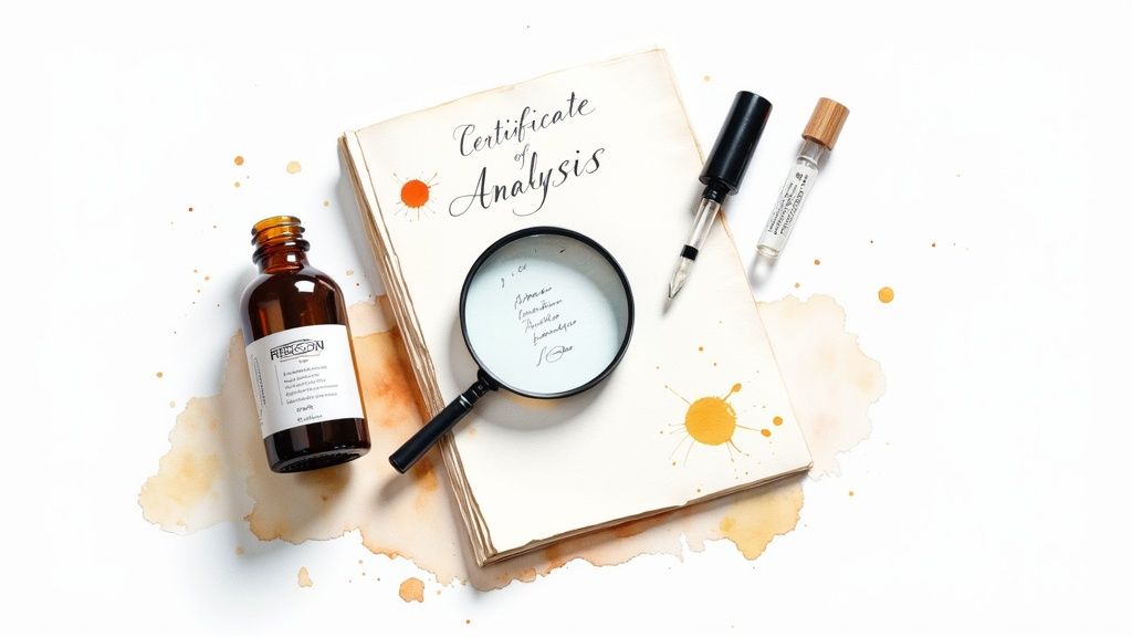 Flat lay showing a 'Certificate of Analysis' document, magnifying glass, ink pen, dropper bottle, and sample vial.