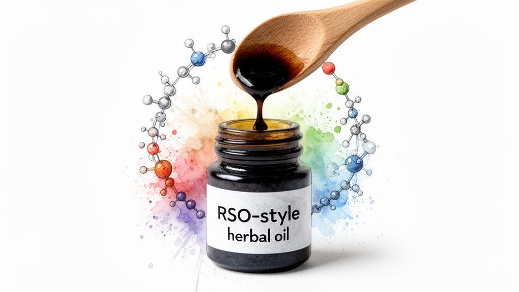 A wooden spoon drips dark RSO-style herbal oil into a jar, surrounded by colorful molecules.