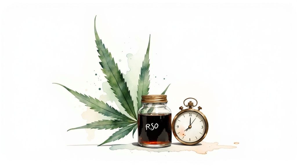 Watercolor illustration of a cannabis leaf, a jar of RSO oil, and an antique clock.