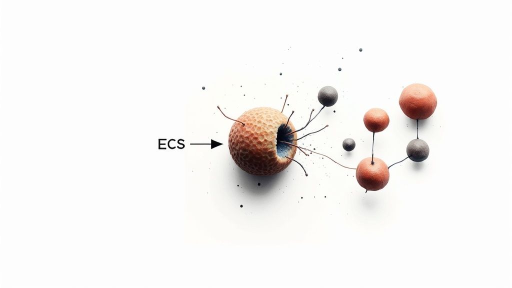 A conceptual illustration of a textured orange sphere labeled "ECS" with tendrils connecting to other colored spheres, representing a biological model.