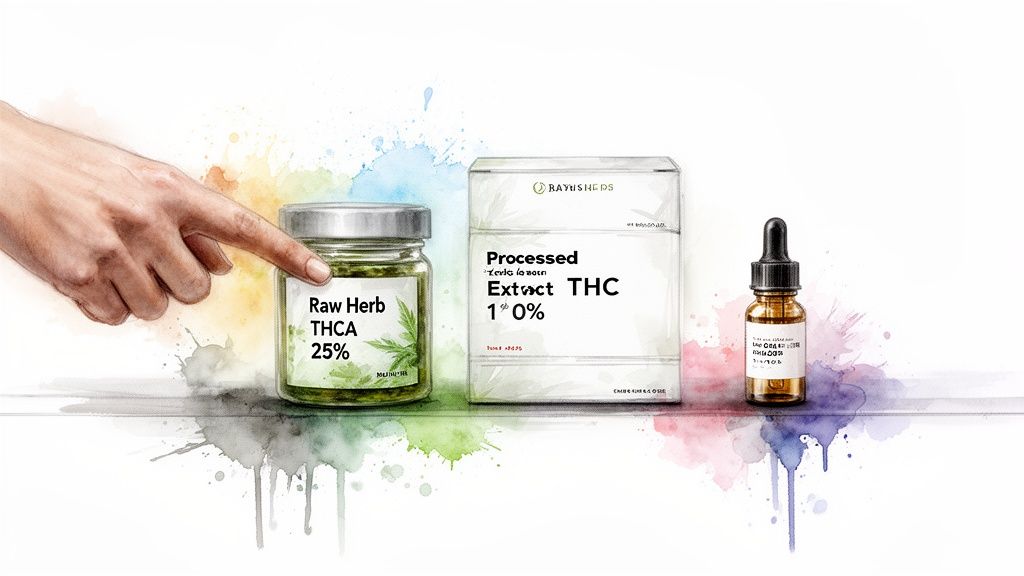 A hand points to a jar of raw herb THCA, next to processed THC extract and an oil dropper bottle.