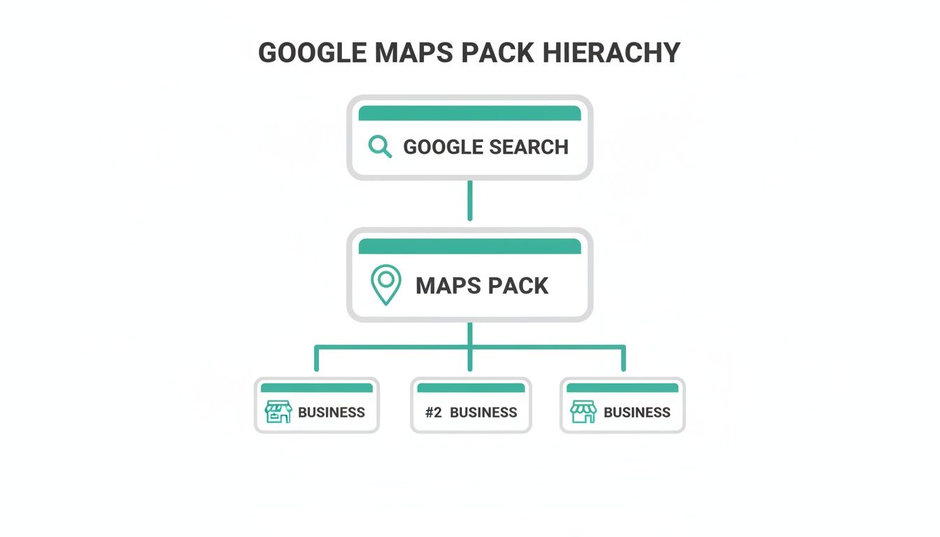 A diagram illustrates the Google Maps Pack hierarchy, showing Google Search leading to the Maps Pack and then individual businesses.