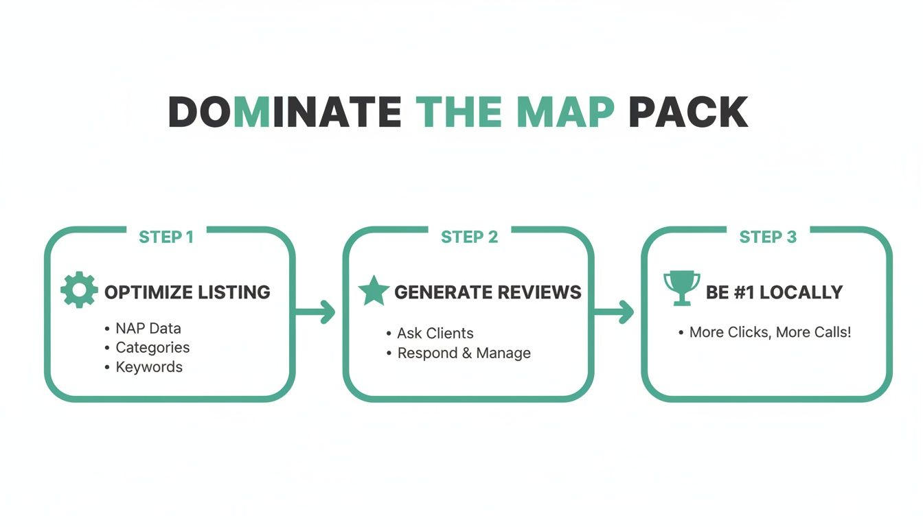 Flowchart illustrating a 3-step strategy to dominate local map pack results through SEO.