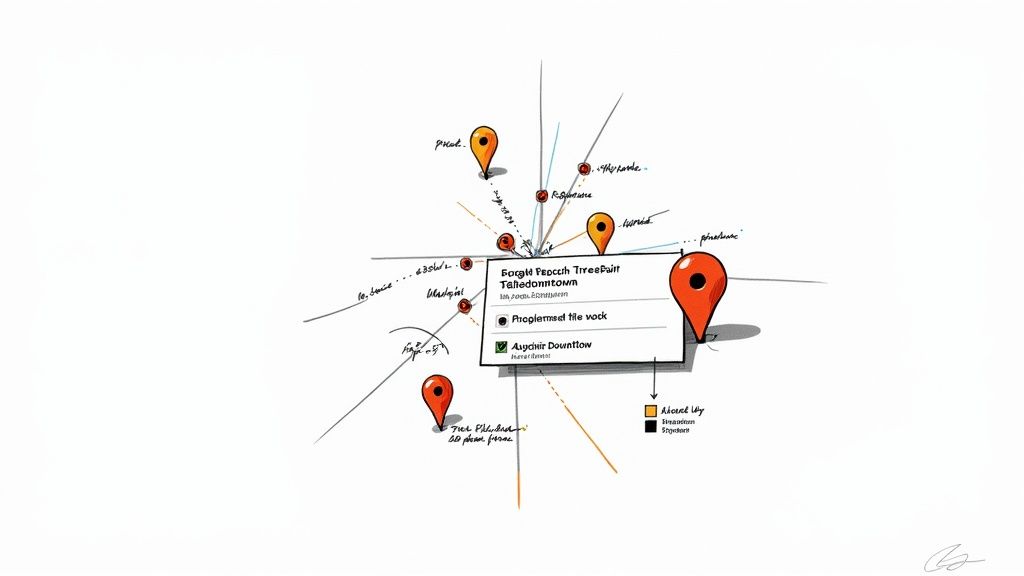 A hand-drawn diagram illustrating a local marketing strategy with interconnected location pins and a task list.