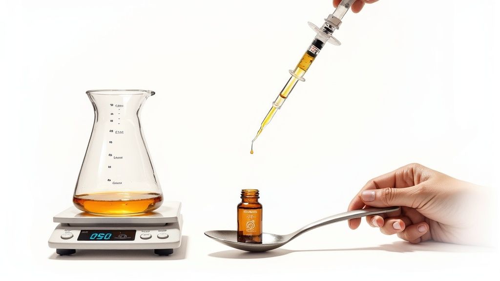 A person preparing a liquid with a syringe, bottle on a spoon, and beaker on a digital scale.