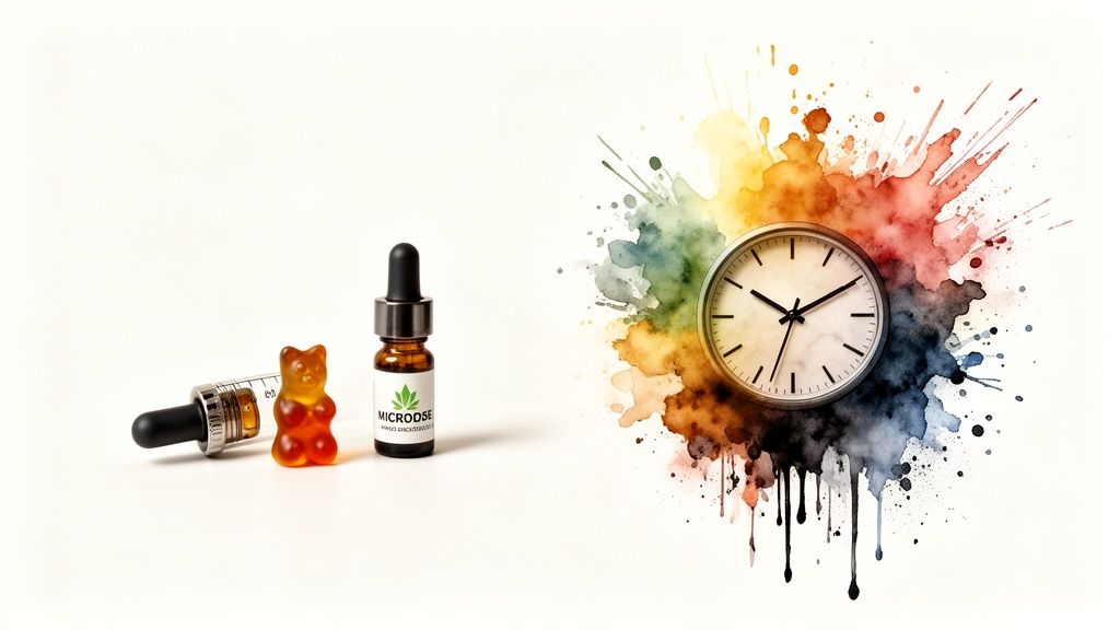 A microdose dropper bottle, gummy, and dropper alongside a clock with colorful watercolor splatters.