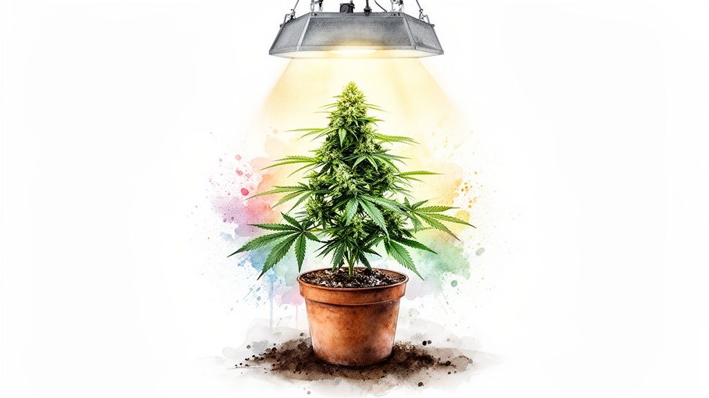 A vibrant potted cannabis plant thriving under a bright grow light, with watercolor background.