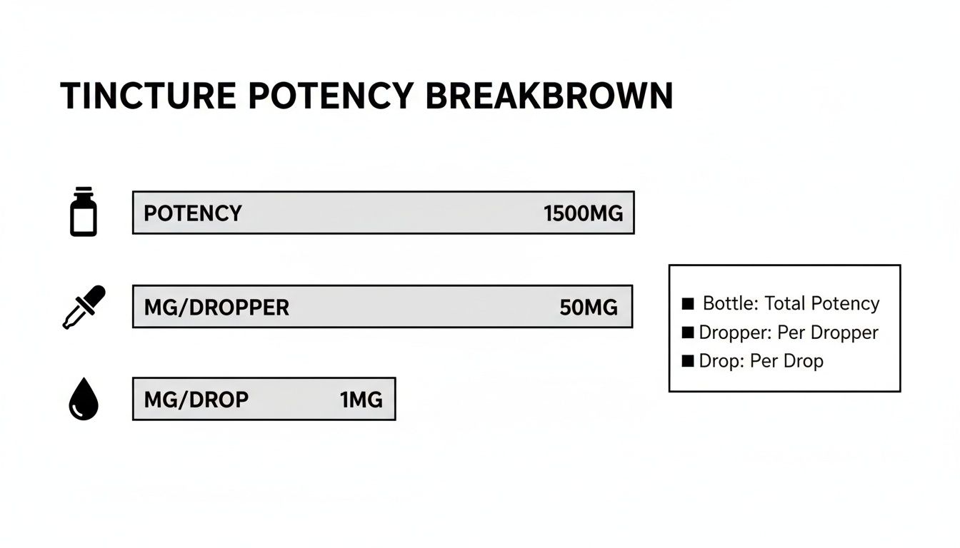 A tincture potency breakdown chart detailing total bottle potency, milligrams per dropper, and milligrams per drop.