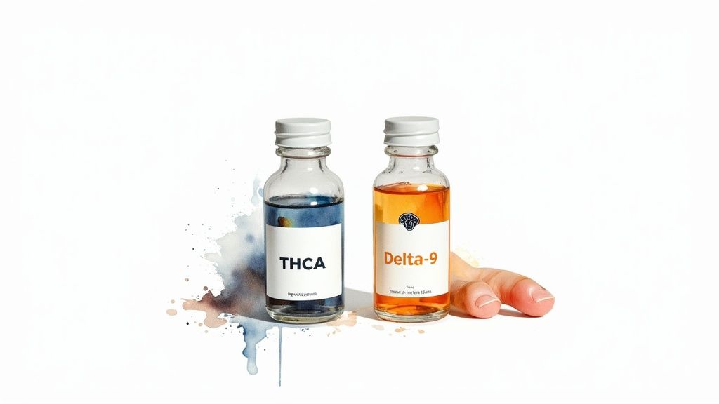 Two bottles, one labeled THCA with blue liquid, the other Delta-9 with orange, on a white background.