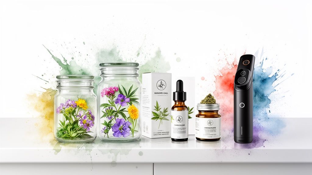Assortment of cannabis products: flower jars, CBD oil, and a black vaporizer on a shelf.