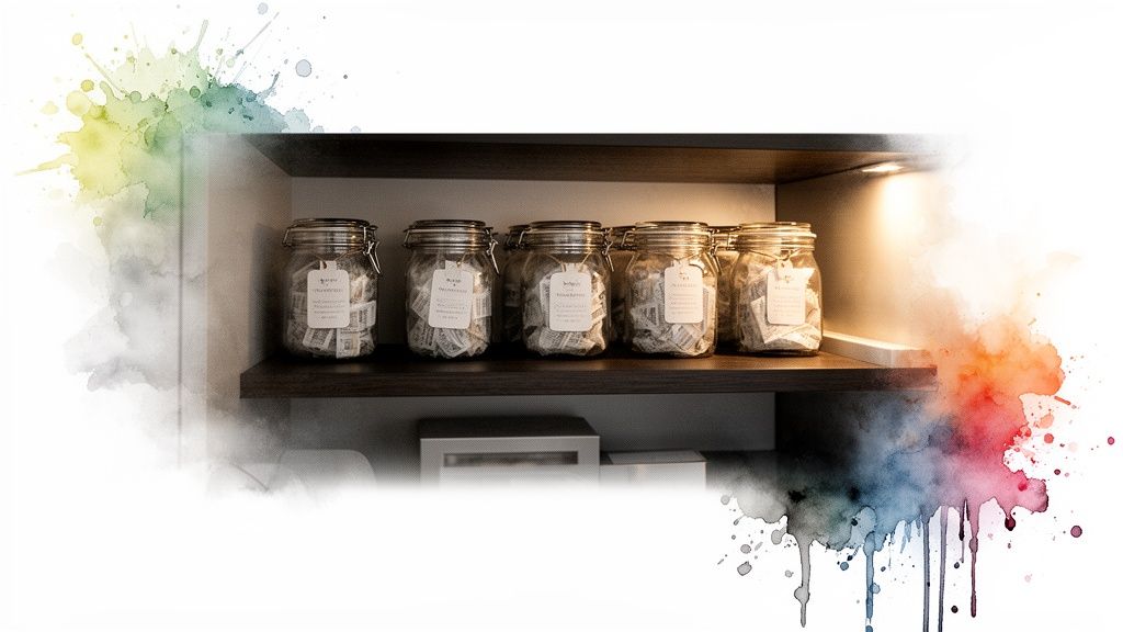 Glass jars with hinged lids filled with dried cannabis sit on a wooden shelf.