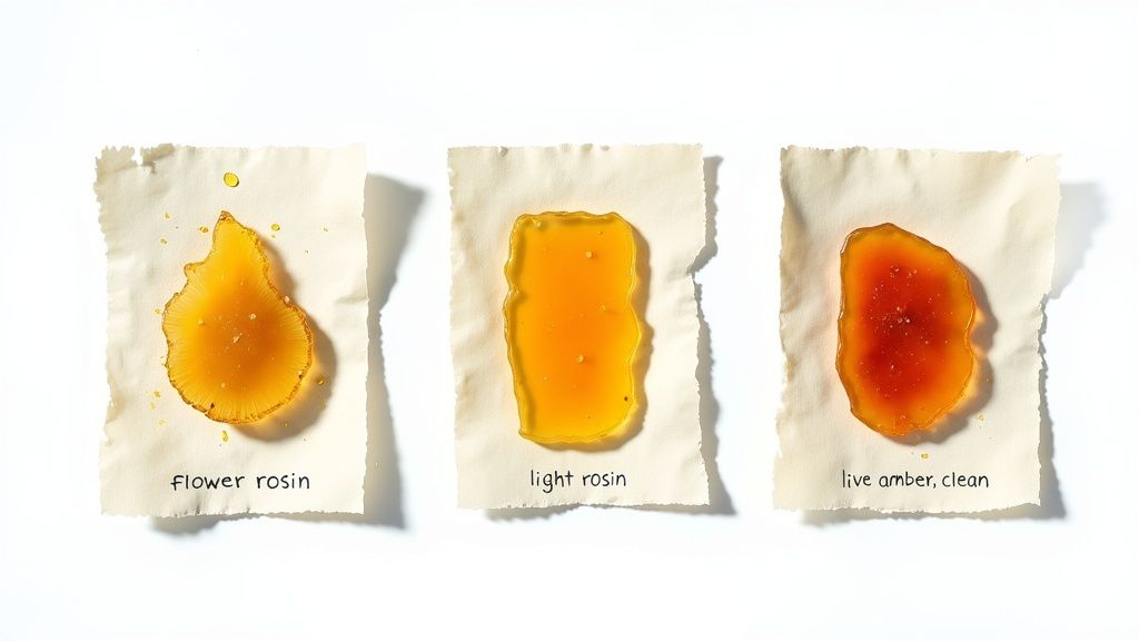Three cannabis rosin concentrates: flower rosin, light rosin, and live amber, clean, on parchment paper.