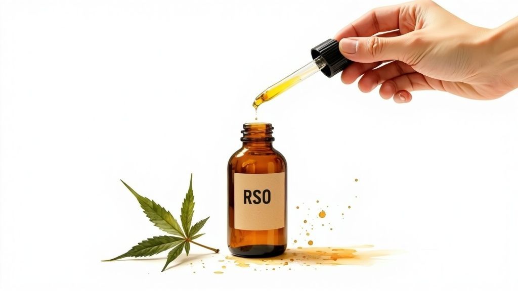 A hand dispenses yellow RSO oil from a dropper into a labeled bottle, with a cannabis leaf beside it.
