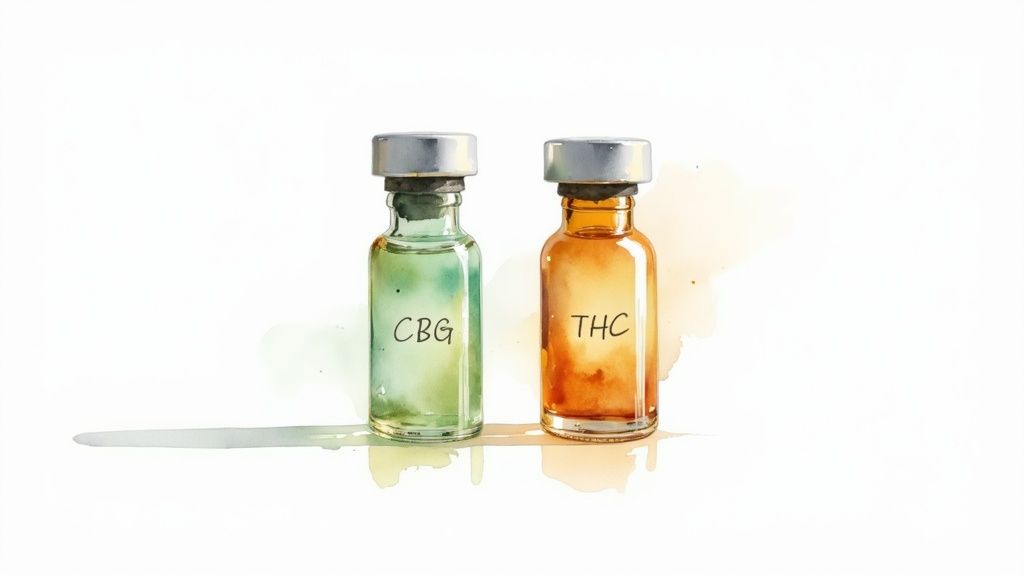 Watercolor illustration of two medical vials, one green labeled CBG, the other amber labeled THC.