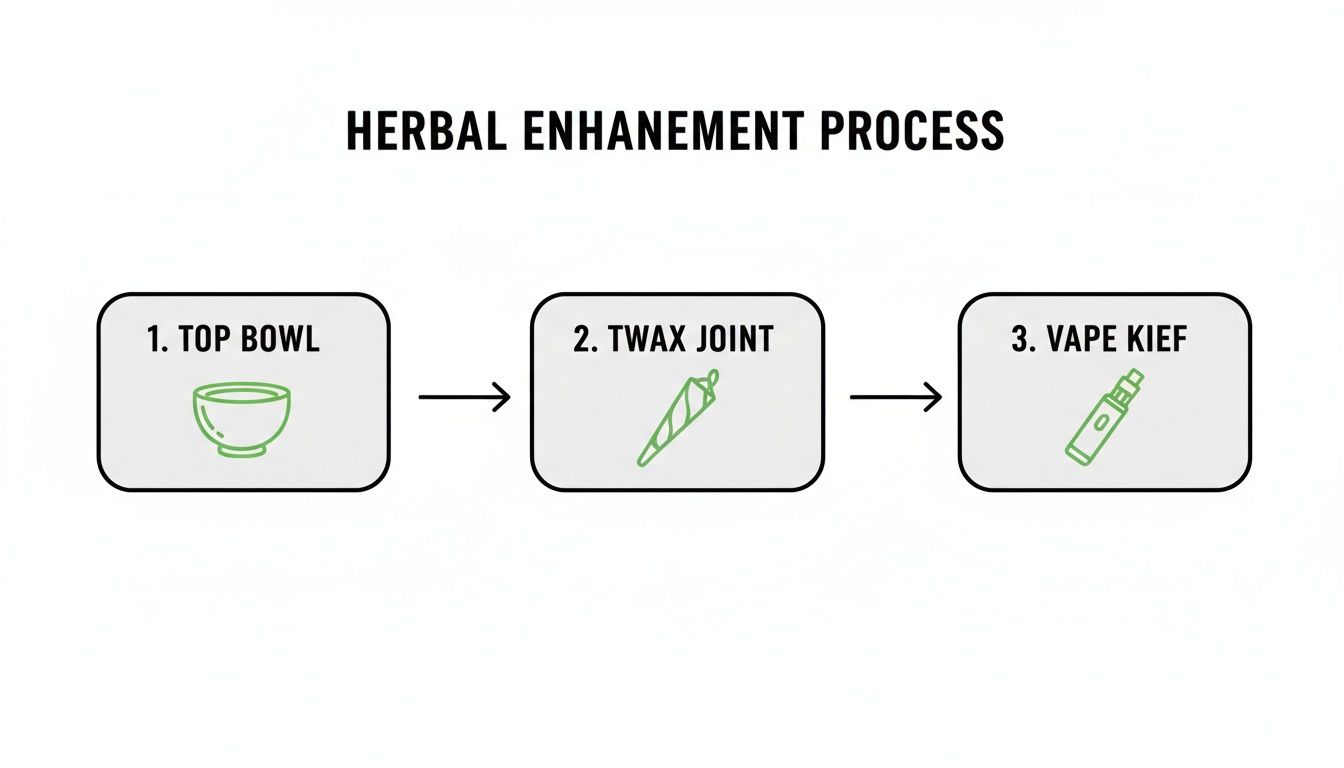 A three-step diagram illustrating the herbal enhancement process: top bowl, twax joint, and vape kief.