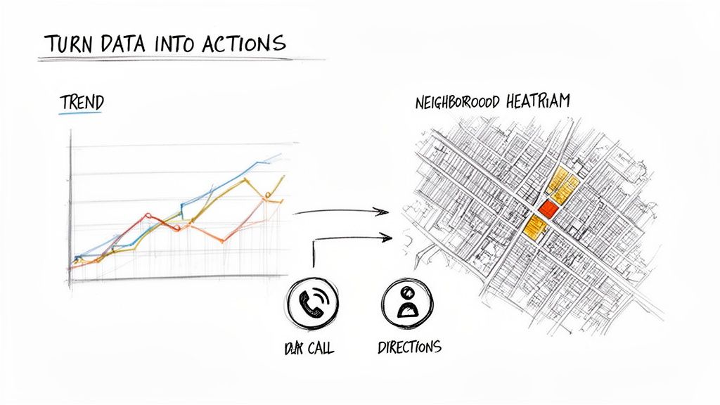 A diagram illustrates data trends transforming into a neighborhood heatmap, guiding actions like calls and directions.