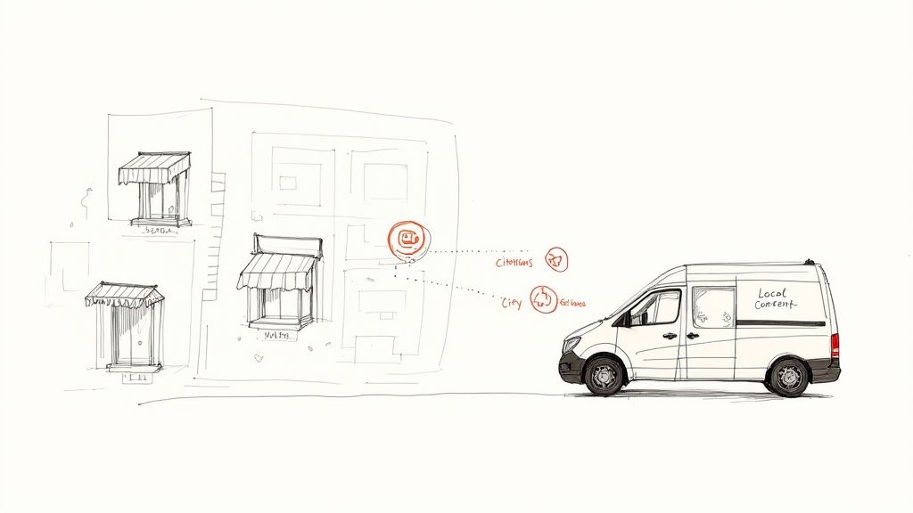 A service vehicle driving down a suburban street, representing a service area business expanding its reach.