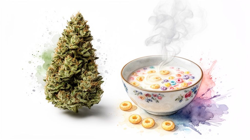 A vibrant cannabis bud stands beside a steaming bowl of colorful cereal with milk, on a white background.