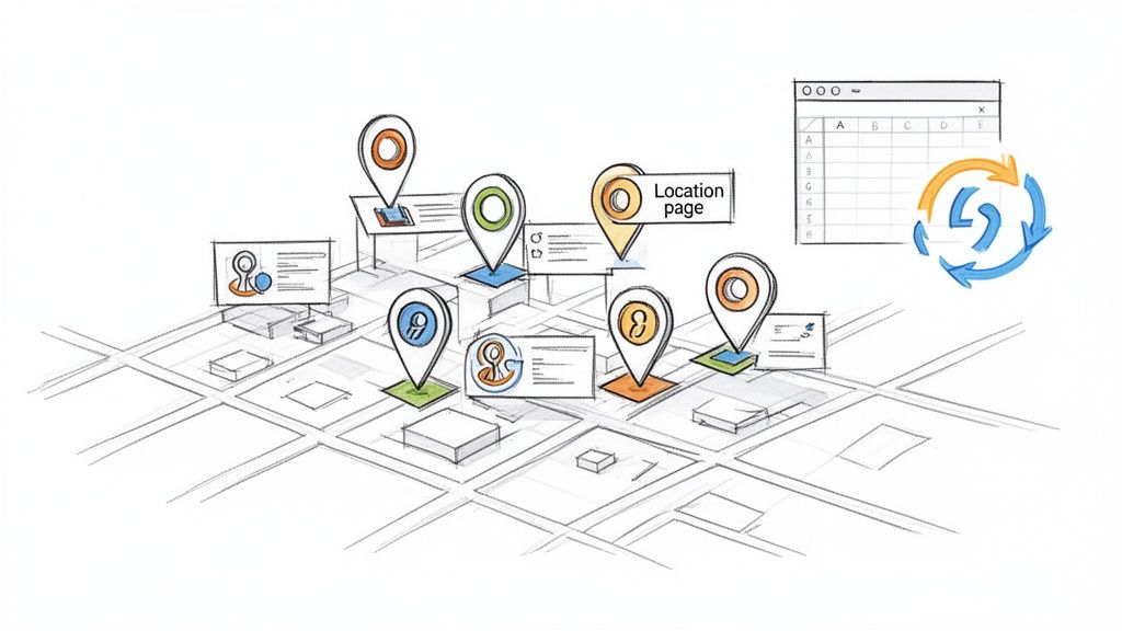 A sketch of a city map with colorful location pins, information cards, a spreadsheet, and a refresh icon, representing location data management.
