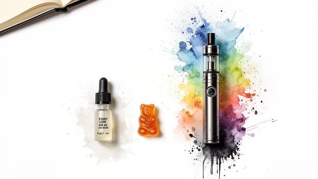 A vape pen, dropper bottle labeled 'START LOW AND GO SLOW', and gummy bear with watercolor splashes.