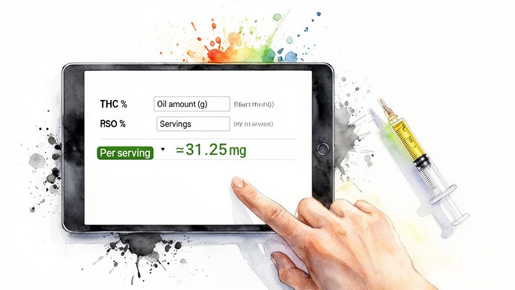 A hand touches a tablet calculating cannabis dosage, displaying 'Per serving ≈ 31.25mg', with a syringe nearby.