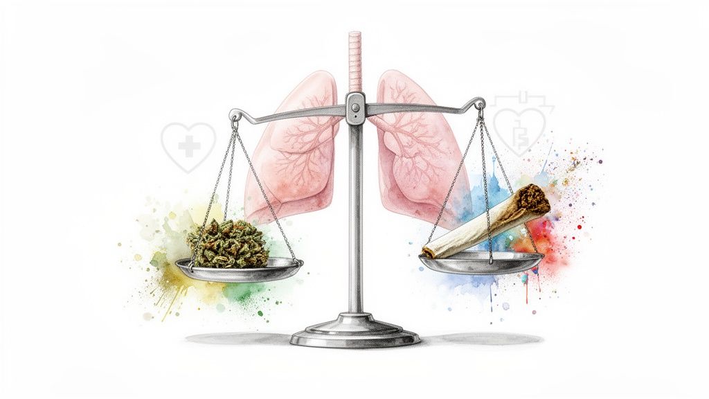 A watercolor illustration of human lungs behind scales balancing cannabis buds and a rolled joint.