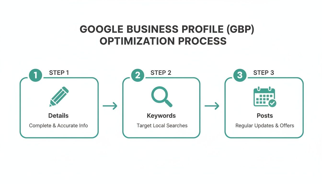 Diagram showing the Google Business Profile optimization process in three steps: details, keywords, and posts.