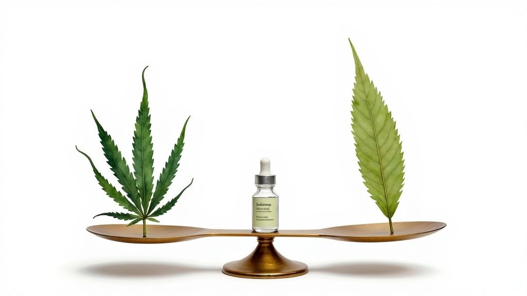Cannabis Sativa and Indica leaves balanced with a dropper bottle of CBD oil on a scale.