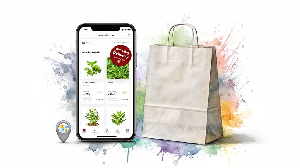 Smartphone displaying a herbal shop app with same-day delivery, beside a paper shopping bag and location pin.