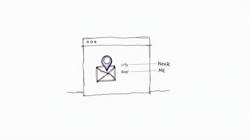 Hand-drawn sketch of a browser window with a location pin and mail icon, representing local search.