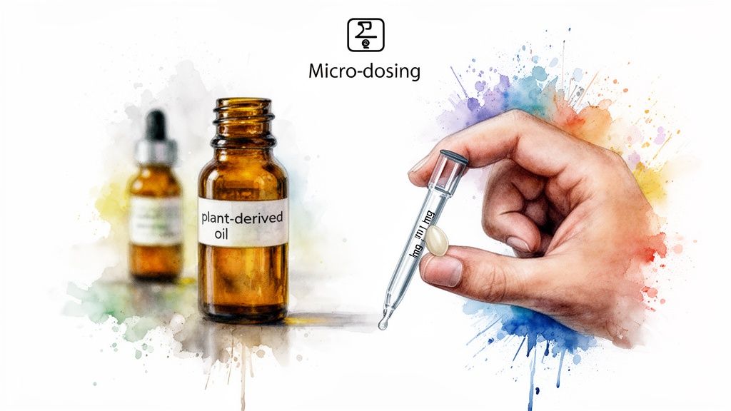 A hand holds a dropper and a capsule, next to plant-derived oil bottles, illustrating micro-dosing.