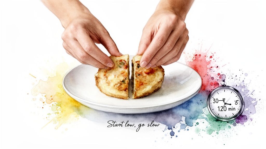 Hands divide a circular quiche-like dish on a plate, surrounded by colorful watercolor splashes and a timer.