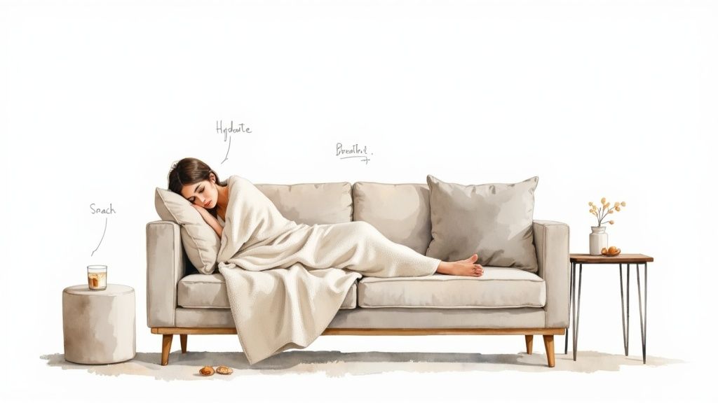 A woman sleeping peacefully on a cozy sofa, covered by a blanket, with self-care reminders.