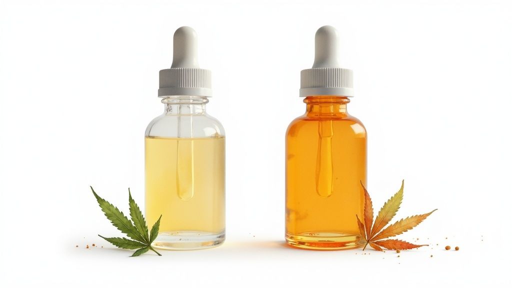 Two dropper bottles of cannabis oil, one light and one dark, with green and dried leaves.