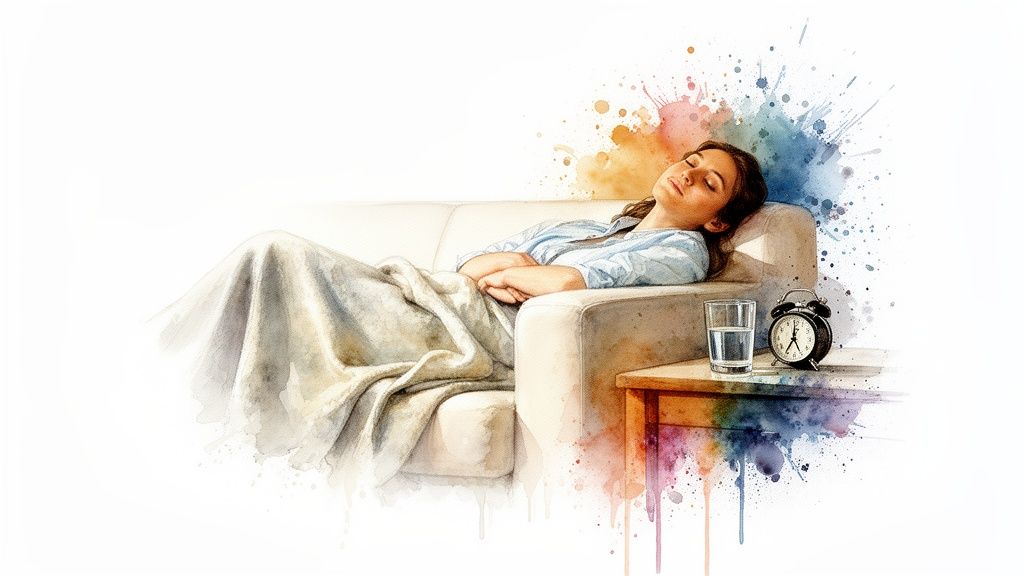 A watercolor painting shows a woman sleeping on a couch with a blanket, a glass of water and alarm clock nearby.