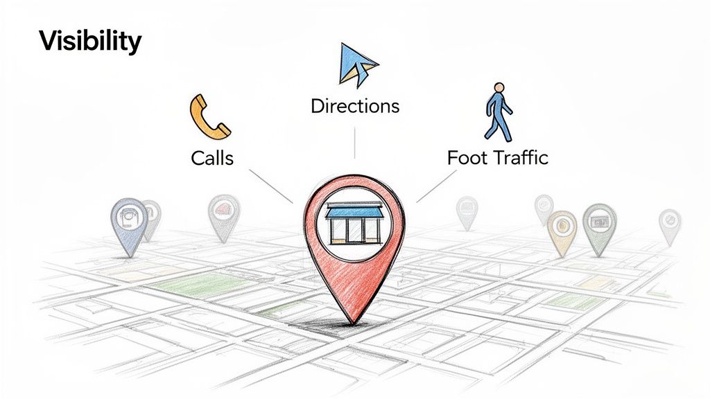An illustration showing a store's map pin increasing calls, directions, and foot traffic from improved visibility.