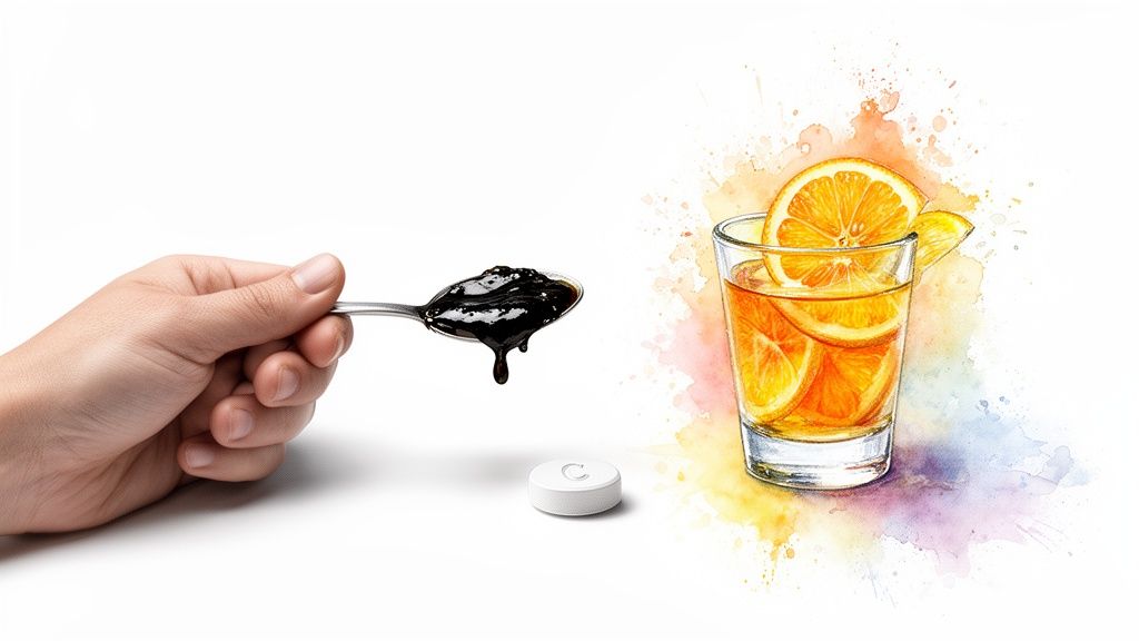 A hand holds a spoonful of dark, thick substance above a a white disc and an orange drink.