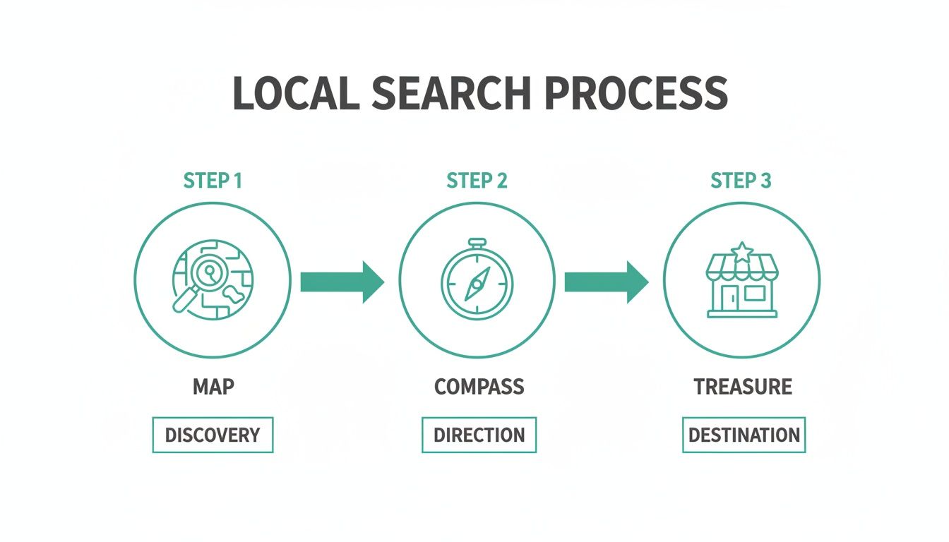 A three-step infographic outlining the local search process: map for discovery, compass for direction, and store for destination.
