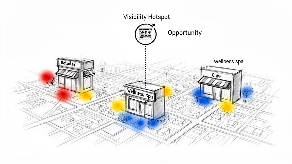 Illustration of a city map with businesses, colored hotspots, and a 'Visibility Hotspot Opportunity' for a Wellness Spa.