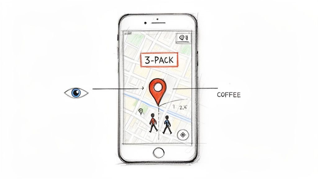 A sketch of a smartphone displaying a map app with a location pin, showing '3-PACK' and 'COFFEE' with an eye icon.