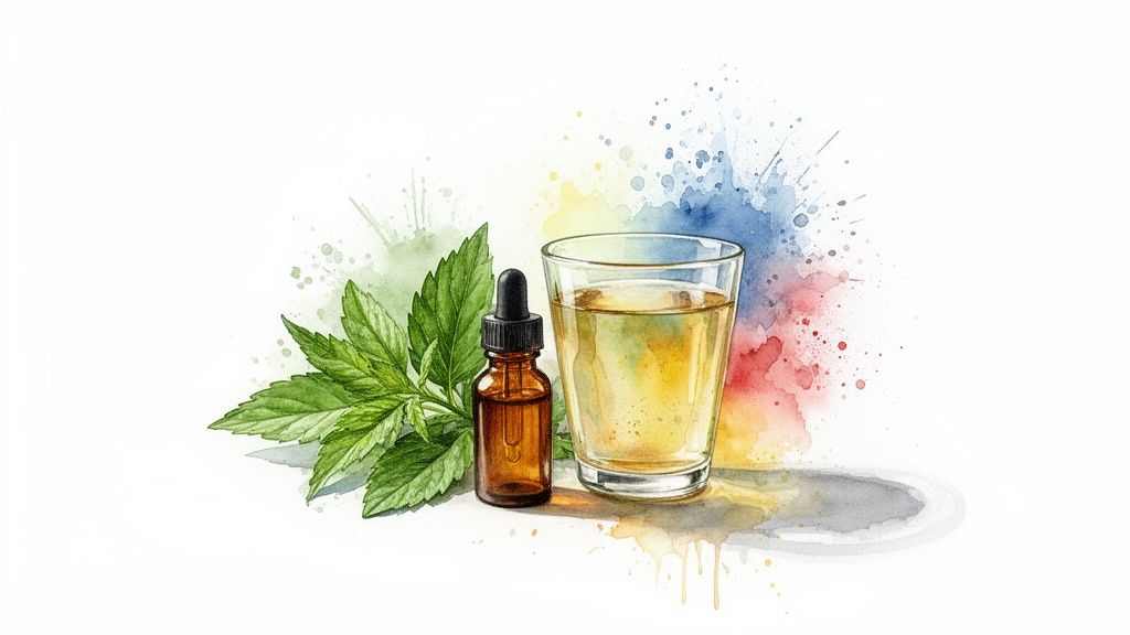 Watercolor illustration of a dropper bottle, a glass of yellow liquid, and green leaves with colorful splashes.