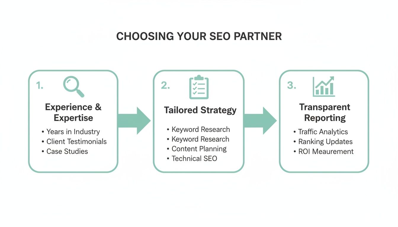 Infographic showing 3 key steps to choose an SEO partner: experience, tailored strategy, and transparent reporting.