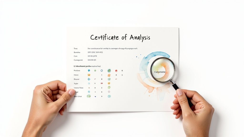 Hands hold a 'Certificate of Analysis' document, featuring colorful watercolor rings and a magnifying glass examining text.